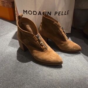 Perforated Tan Suede Zip Ankle Booties